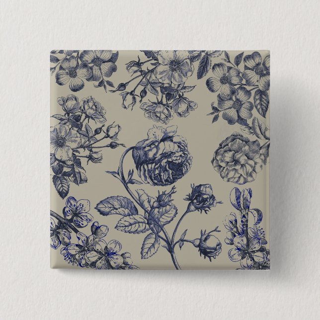 Blaue Toile-Blumenmuster im Vintage-Stil Button (Vorderseite)