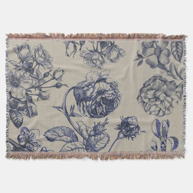 Blaue Toile-Blumenmuster im Vintage-Stil Decke (Vorderseite)