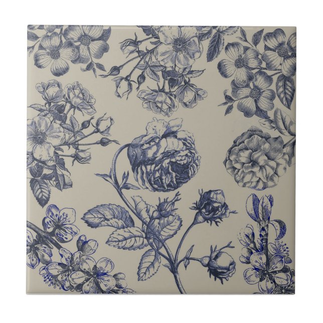 Blaue Toile-Blumenmuster im Vintage-Stil Fliese (Vorderseite)