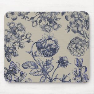 Blaue Toile-Blumenmuster im Vintage-Stil Mousepad