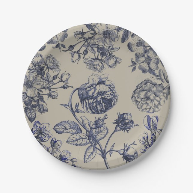 Blaue Toile-Blumenmuster im Vintage-Stil Pappteller (Vorderseite)