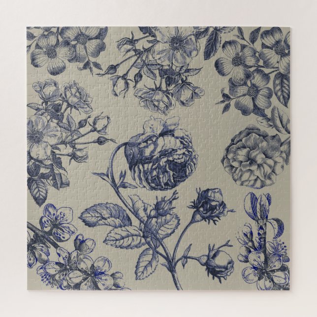Blaue Toile-Blumenmuster im Vintage-Stil Puzzle (Vertikal)