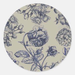 Blaue Toile-Blumenmuster im Vintage-Stil Runder Aufkleber