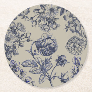 Blaue Toile-Blumenmuster im Vintage-Stil Runder Pappuntersetzer
