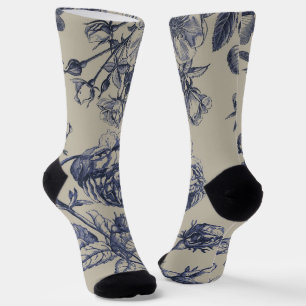 Blaue Toile-Blumenmuster im Vintage-Stil Socken