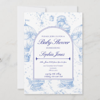 Blaue Toile de Jouy Baby Shower Einladung