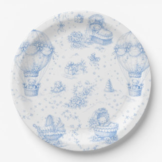 Blaue Toile de Jouy Baby Shower Papierplatten Pappteller