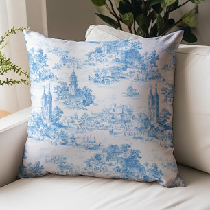 Blaue Toile de Jouy Dorf Landschaft Muster Kissen
