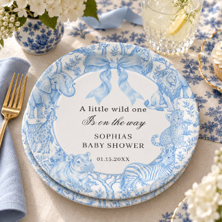 Blaue Toile de Jouy Safari Boy Baby Shower Pappteller