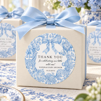 Blaue Toile de Jouy Safari-Junge-Baby-Party Runder Aufkleber