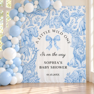 Blaue Toile de Jouy Safari-Jungen-Baby-Party-Kulis Wandteppich