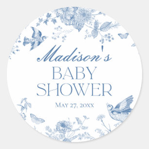 Blaue Toile De Jouy Vintage Blumen Baby Shower Runder Aufkleber