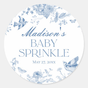 Blaue Toile De Jouy Vintage Blumen Baby Sprinkle Runder Aufkleber
