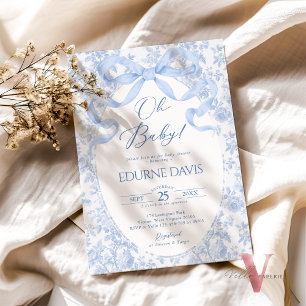 Blaue Toile de Juoy Schleife Chinoiserie Babyparty Einladung