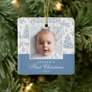 Blaue Toile Erstes Weihnachtsfoto-Ornament Keramikornament