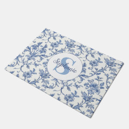 Blaue Toile Französisches Monogramm Name Blumenmus Fußmatte