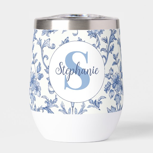 Blaue Toile Französisches Monogramm Name Florales  (Vorderseite)