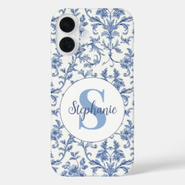 Blaue Toile Französisches Monogramm Name Florales iPhone 16 Hülle