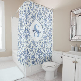 Blaue Toile Französisches Monogramm Name Florales Duschvorhang