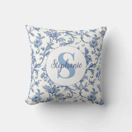Blaue Toile Französisches Monogramm Name Florales Kissen