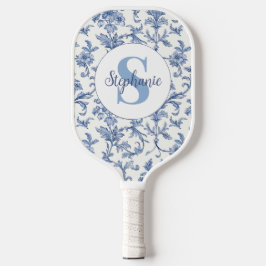 Blaue Toile Französisches Monogramm Name Florales Pickleball Schläger