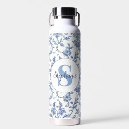 Blaue Toile Französisches Monogramm Name Florales Trinkflasche
