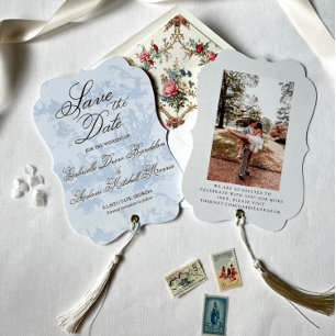Blaue Toile-Hochzeit - Heiratsantrag im Vintage-St Folieneinladung