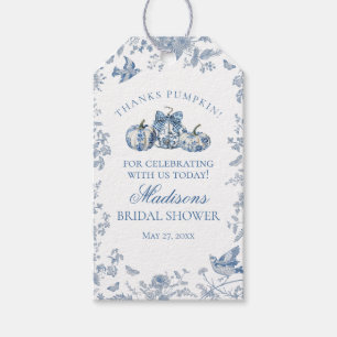 Blaue Toile-Kürbis-französische Hochzeitsdusche im Geschenkanhänger