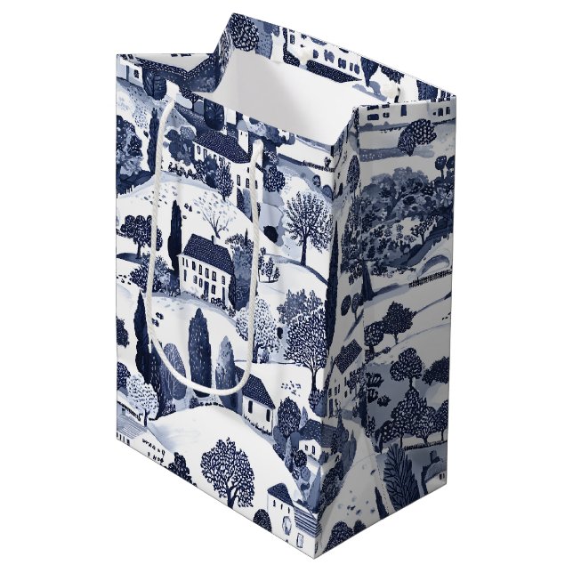Blaue Toile-Landschaftsszene Mittlere Geschenktüte (Vorderseite Schrägansicht)