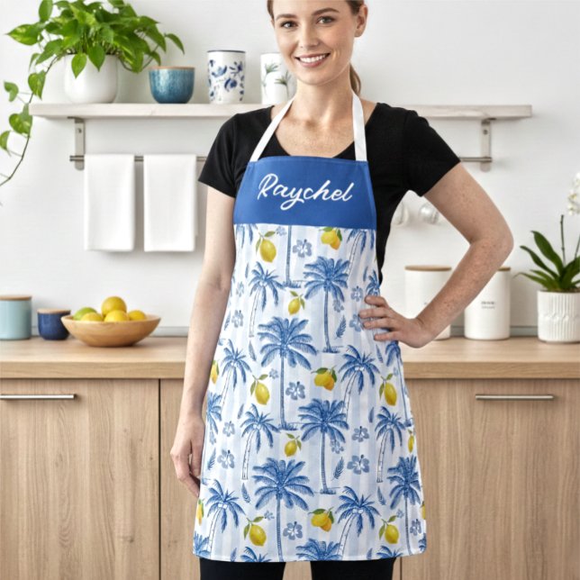 Blaue Toile-Palmen-Limonien-Monogramm-Name Schürze (Von Creator hochgeladen)