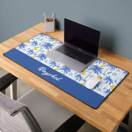 Blaue Toile Palmen Zitronen Monogramm Name Schreibtischunterlage