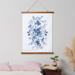 Blaue Toile Regency Chinoiserie Aquarell Blumen Wandteppich Mit Holzrahmen