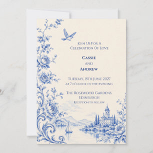 Blaue Toile-Schloss-Hochzeit am See Einladung