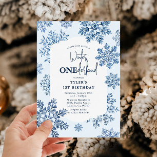 Blaue Toile-Schneeflocke Winter 1. Geburtstag Einladung