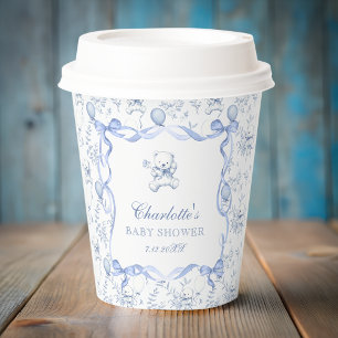 Blaue Toile-Teddybär-Baby-Party Pappbecher