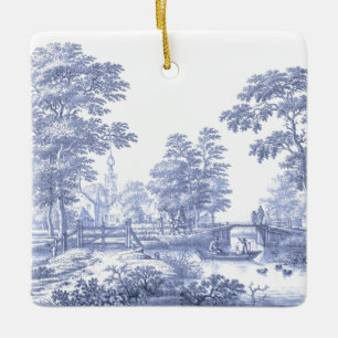Blaue Toile Vintage Französische Pastorale Brücke Keramikornament