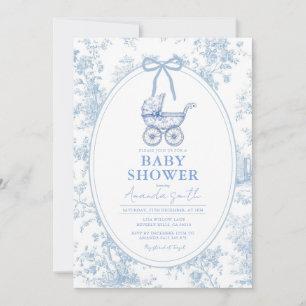 Blaue Toile Vintage-Kinderwagen-Baby-Shower-Einlad Einladung