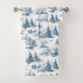 Blaue Toile-Weihnachtsmuster Badhandtuch Set