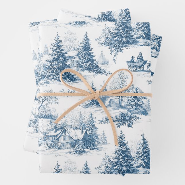 Blaue Toile-Weihnachtsmuster  Geschenkpapier Set (Beispiel)