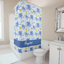 Blaue Toilette Palmen Zitronen Monogramm Name Duschvorhang