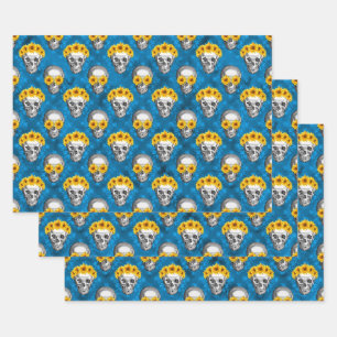 Blaue Totenköpfe und Sonnenblumen-Serie Design 1   Geschenkpapier Set