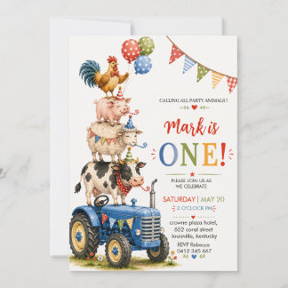 Blaue Traktor-Farmtiere Erster Geburtstag Einladung