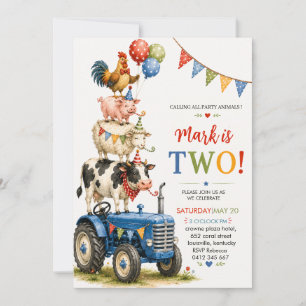 Blaue Traktor-Farmtiere zum zweiten Geburtstag Einladung