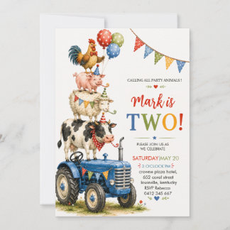 Blaue Traktor-Farmtiere zum zweiten Geburtstag Einladung