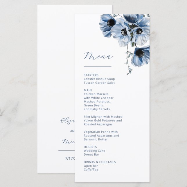 Blaue transparente Blumen Hochzeit Menükarte (Vorne/Hinten)