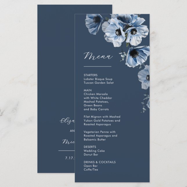 Blaue transparente Blumen Hochzeit Menükarte (Vorne/Hinten)