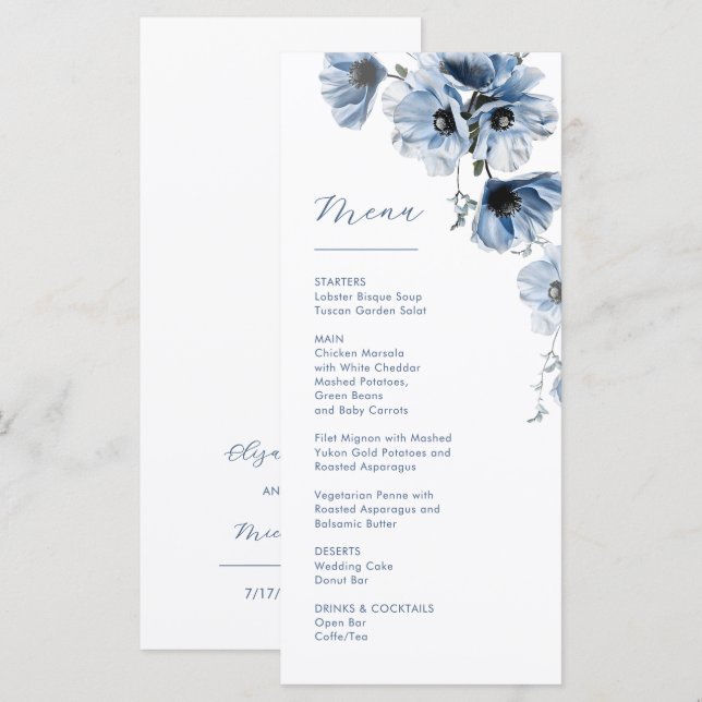 Blaue transparente Blumen Hochzeit Menükarte (Vorne/Hinten)