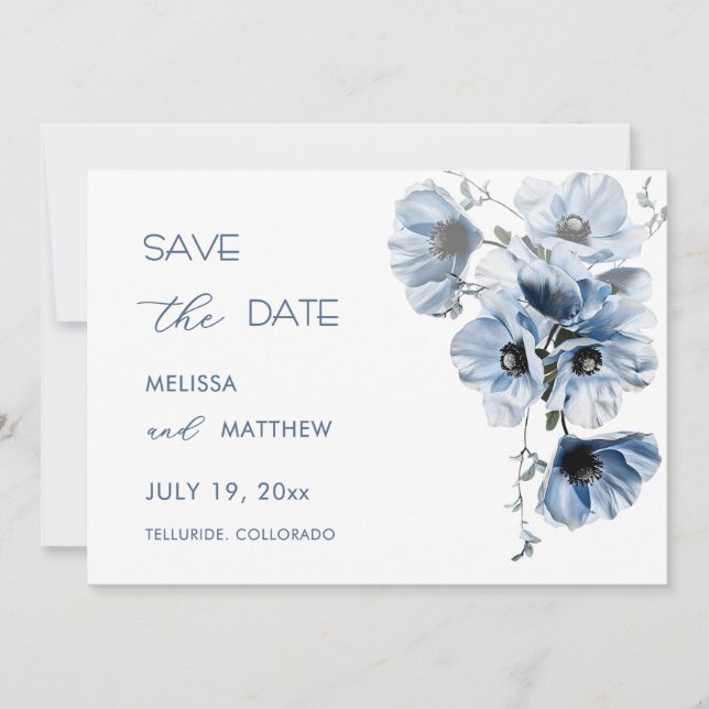 Blaue transparente Blumen-RSVP-Karte Save The Date (Vorderseite)