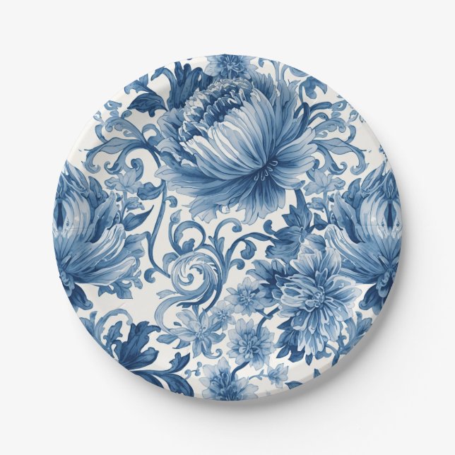 Blaue Träume | Florale Wassermalerei Chinoiserie W Pappteller (Vorderseite)