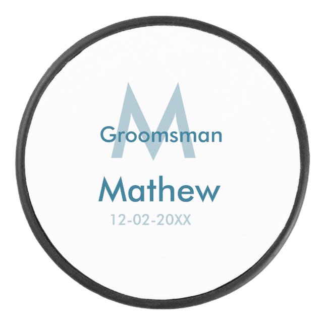 Blaue Trauzeuge mit Namensbuchstaben männlich pro Eishockey Puck (Vorderseite)